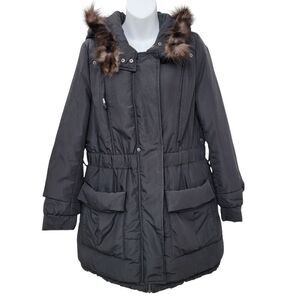 Trendy Black Winter Jacket With Furry Hoodie Size: Large